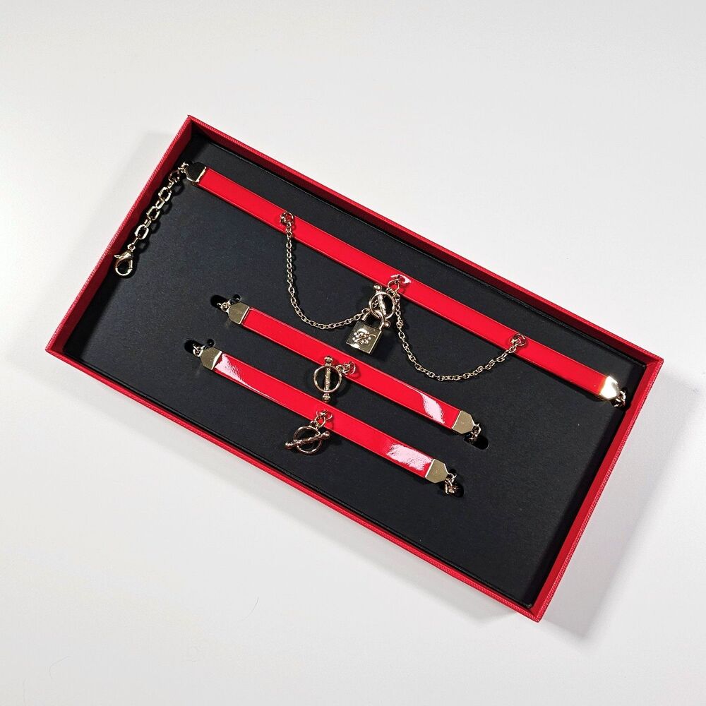 Honey Birdette Jules Red Genuine Leather Choker & Bracelets Set One Size